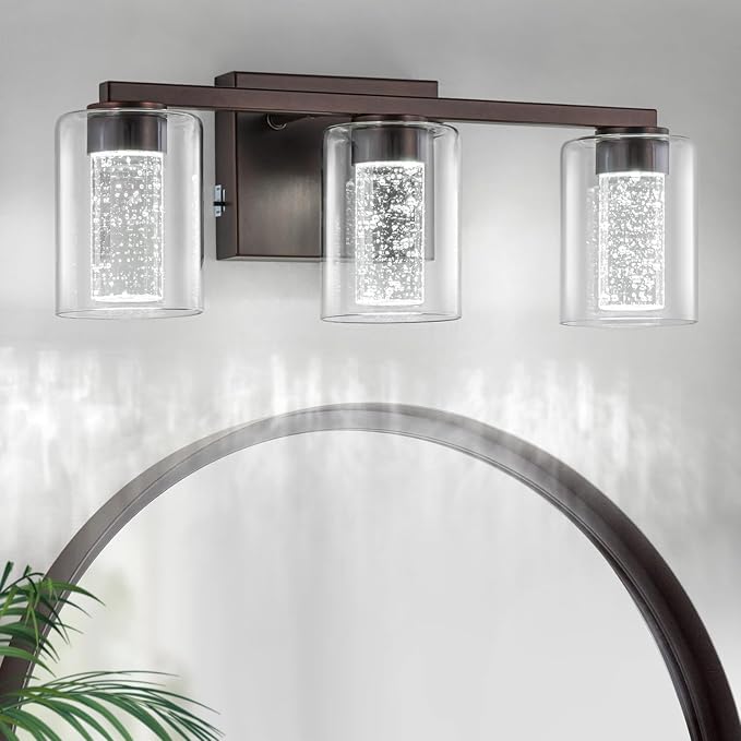SineRise 3-Light Bronze Vanity Light with 3 Color Modes (3000K/4000K/6000K), Eye Protection LED Bathroom Light Fixture, Dimmable Modern Wall Light Over Mirror with Clear Glass Shade