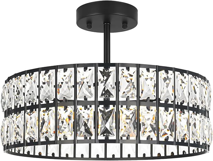 Lxybcce Crystal Ceiling Light Fixture, Modern Matte Black Ceiling Light Chandelier, Semi Flush Mount Chandelier Lighting Fixture for Kitchen Entryway Living Room Dining Room, 5-Light, 16 Inch