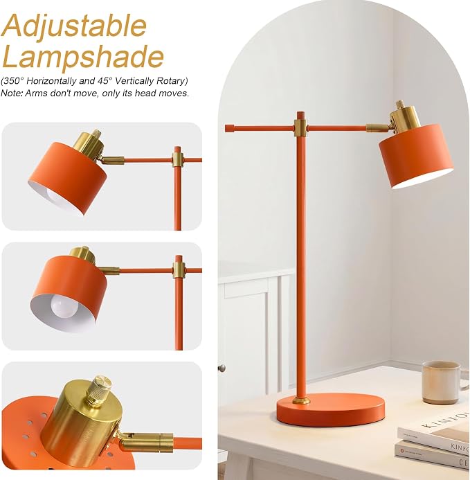 22.2" Modern Desk Lamp, Metal Table Lamp with LED Bulb, Adjustable Reading Lamps for Living Room, Mid Century Task Lamp for Home Office, Industrial Bedside Lamps with Solid Base, Orange