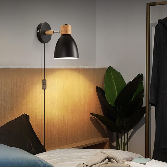 Wall Sconces Plug in, Swing Arm Wall Lamp with Power Cord, Black Plug in Wall Lighting Fixtures Set of Two, Bedside Wall Mounted Reading Lamp with Switch, for Bedside Bedroom Hallway