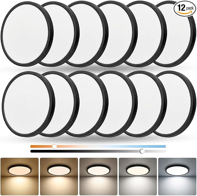 Dimmable 12Inch LED Flush Mount Ceiling Light, 24W, 2520LM, 2700K/3000K/4000K/5000K/6000K CCT Selectable,LED Round Flat Panel Light Dimmable from 5% to 100% for Bedroom,Kitchen,Hallway, Black 12PK