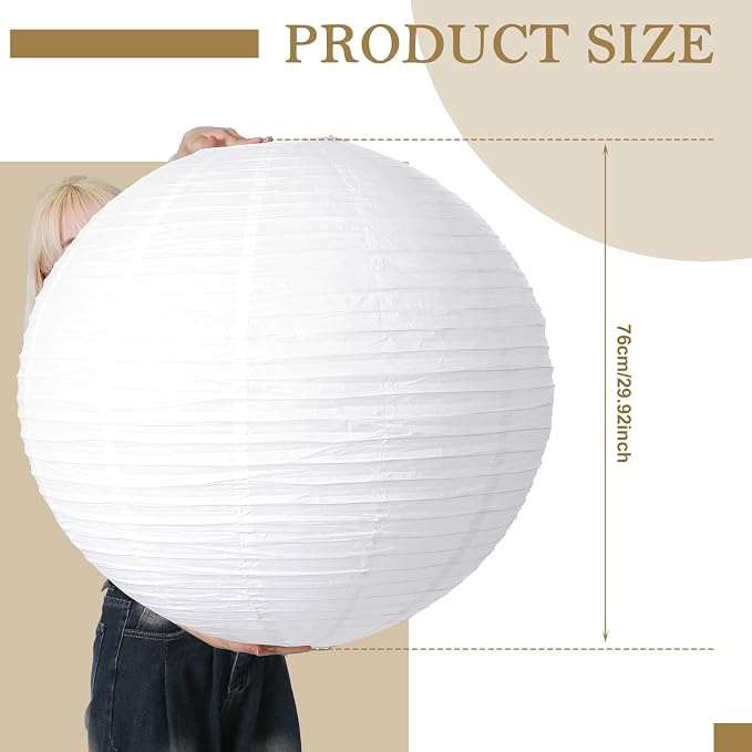 Glooglitter 5 Pcs 30 Inch Large White Paper Lanterns Gaint Chinese Moon Round Paper Lamp Japanese Jumbo Hanging Lanterns for Wedding Graduation Bridal Shower Birthday Party Supplies Decoration