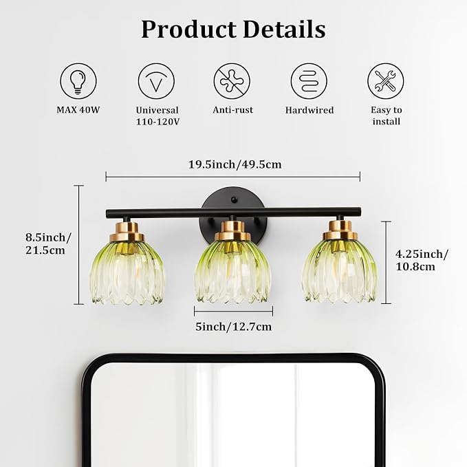 TALOYA Black Gold 3-Light Bathroom Vanity Light with Green Tulip GlassShade | Modern Vanity Lighting Fixtures, Bathroom Lights Over Mirror, Wall Mount Mirror Light Fixtures for Bathroom Hallway Bedroom