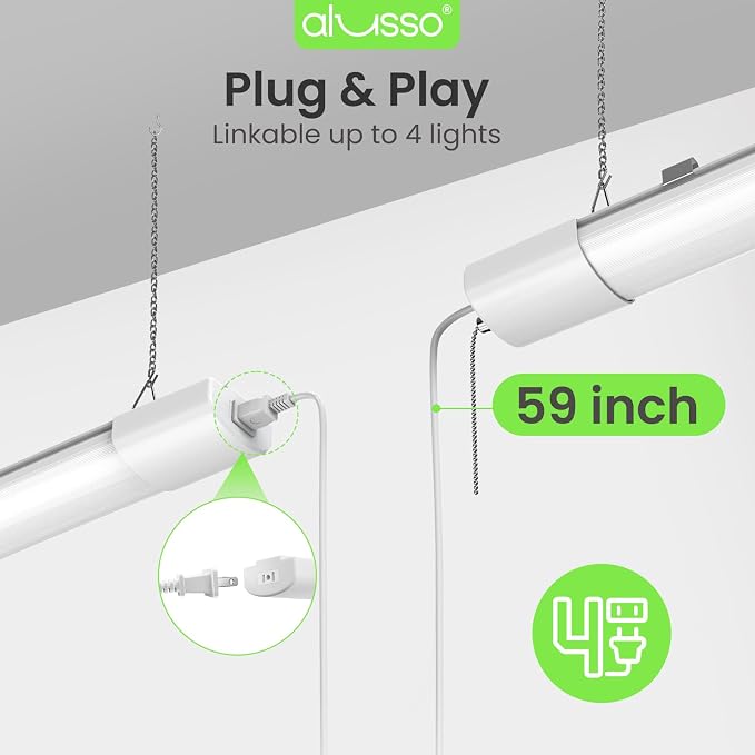 ALUSSO® LED Shop Lights 4FT for Garage, 6000LM Super Bright, Adjustable 2700K-6500K Color Temperature, 120V, Warm to Cool Daylight Linkable Shop Lights for Workshop, 4 Pack