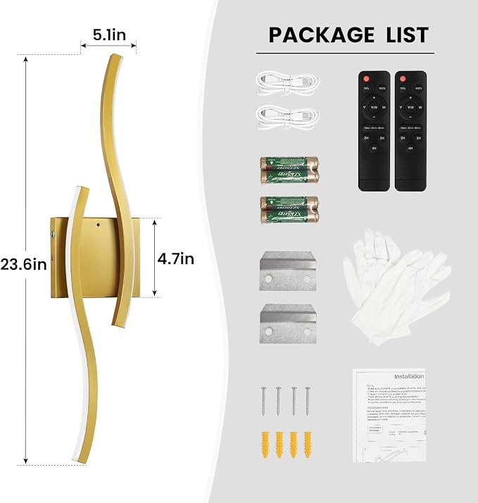 Gold Battery Operated Wall Sconces: 23.6 Inch Rechargeable Wall Sconce Set of 2 with Remote Control/3 Colors/10-100% Dimming/Timer, Modern Wall Light for Bedroom Living Room Hallway Bathroom, 2 Pcs