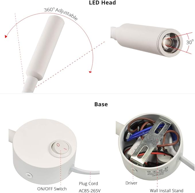 White Wall Light Bedside Reading Light, 25° Focused Beam 3000K Warm White Gooseneck Lamp for Bed Headboard, Wooden Board Mounted Sconce, 4.92ft Plug-in Cord, AC 85-265V