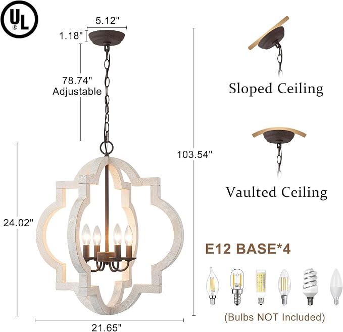 22" Farmhouse Chandelier Distressed White Wood Dining Room Light Fixture | Oak, Rustic Country Style, Large Lantern, 4-Light Hanging Pendant Light For Foyer Entryway Kitchen Island Bedroom Over Table