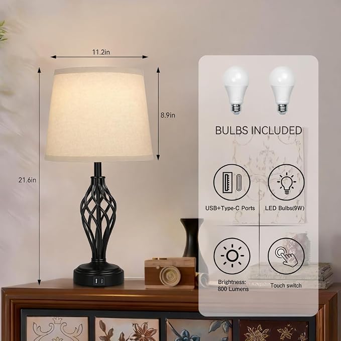 Ruiever Touch Table Lamps Set of 2, nightstand lamp with USB Ports Bedside 3 Way Touch dimmer Desk lamp for Living Room Bedroom,Black Painted Spiral cage Base Design Warm White dimmer Bulbs Included.