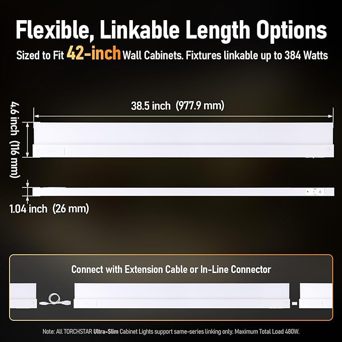 TORCHSTAR 2-Pack Ultra-Slim LED Under Cabinet Lighting Fits 42" Cabinets | 5CCT, Hardwired & Plug-in, 24W 1800LM, 120V CRI90 Linkable Dimmable Thin Under Counter Lights for Kitchen, ETL T24, White