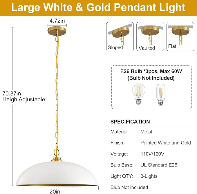 20in Dome Pendant Light 3-Light for Kitchen Island Over Table | Industrial Large Oversized Pendant Lighting Fixture Chandelier Ceiling Hanging Lamp for Kitchen Island Dining Room Over Table