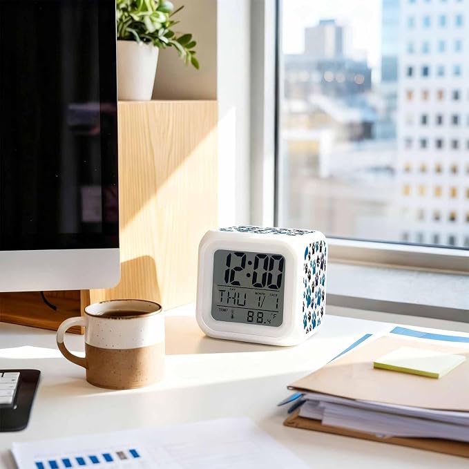 Alarm Clock Blue Paw Print Digital Clock Battery Operated Silent, Black Animals Cat Dog Colored Cartoon Decorative 7 Color LED Night Light Cube Alarm Clocks for Bedrooms Bedside Office