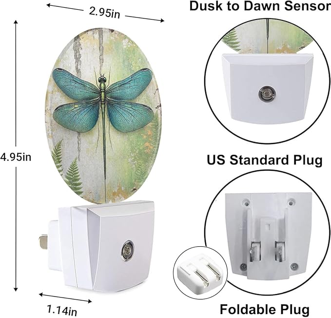 Plug-in Mystical Dragonfly Night Light Blue-Green Wings Nightlight with Dusk to Dawn Sensor, Auto On/Off 0.5W Energy-Saving LED Lighting for Men Women Boys Girls Gift