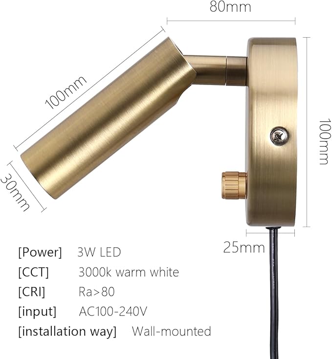 Surface Wall Mounted Reading Light Sconces Lamp Physical Knob Dimmer Switch LED 5W Warm White 3000K (Bronze Plug Cord)