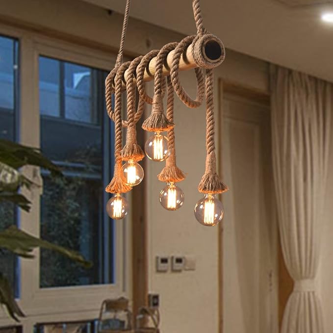 Arturesthome 5 Heads Vintage Bamboo Chandeliers Hemp Rope Pendant Light Fixture, Unique Rustic Industrial Hanging Lamp for Bedroom Restaurant Cafe Bar Decoration
