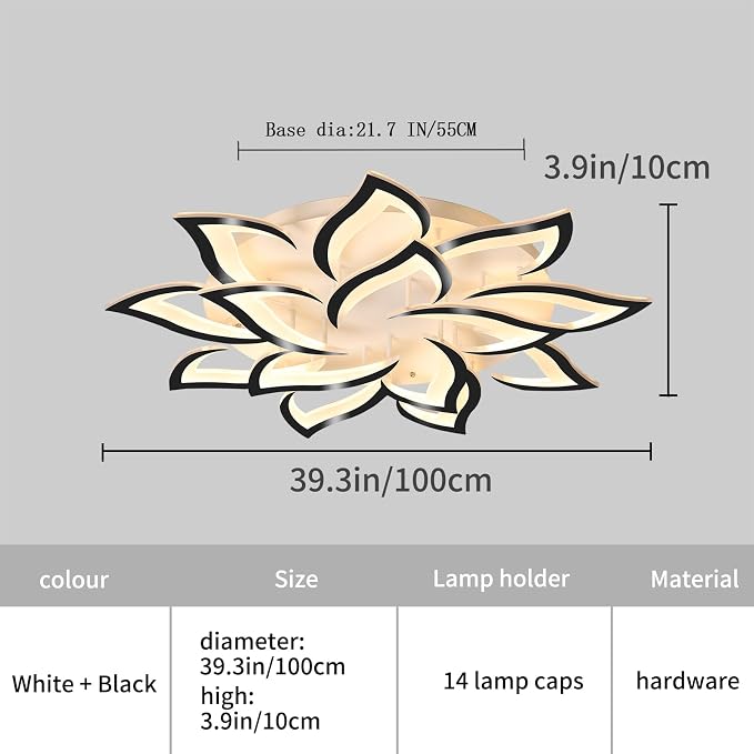 Garwarm 39.3" Modern LED Low Profile Flush Mount Ceiling Light, Dimmable | Black Acrylic Flower 14 Petal Ceiling Light with Remote, 3000K-6500K, Memory for Living Room,Primary Bedroom and Dining Room