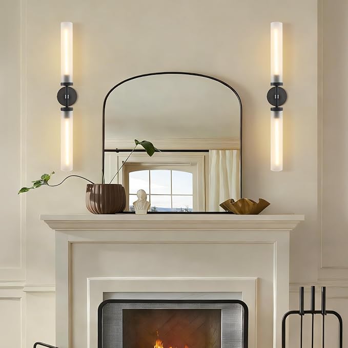 30" 2 Lights Hardwired Frosted Glass 2 PC Bathroom Wall Sconces, Handmade Knurled Black Wall Light Fixture,Modern Vanity Light for Living Room,Hallway, Bedroom, Indoor Sconces