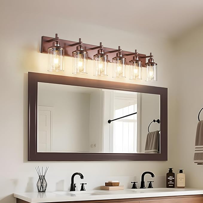 6-Light Bronze Bathroom Light Fixtures Over Mirror,Modern Bathroom Vanity Light with Clear Glass Shade, Wall Sconce for Bathroom Hallway Cabinet Bedroom Kitchen Living Room Foyer E26 Base