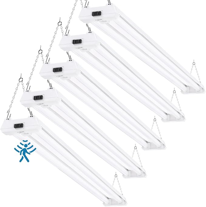 Sunco 5 Pack Motion Sensor 4ft LED Shop Light, Garage Lights Ceiling LED Plug-in Fixtures, 40W, 5000K Daylight, 4300 Lumens, Frosted, Motion Activated, Linkable Suspension Mount, ETL