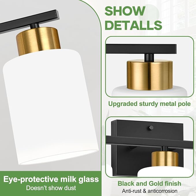 Black and Gold Bathroom Vanity Light Fixtures, 3-Light Modern Bathroom Wall Light with Frosted White Glass Shades, Vanity Light Over Mirror, E26 Base, Bathroom Lighting for Mirror (Bulbs Not Included)