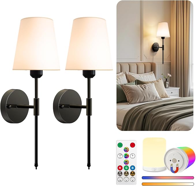 Adetu Battery Operated Wall Sconce Set of 2, Black Wall Sconces with 10000mAh