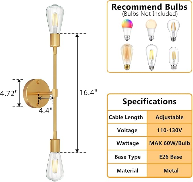 FadimiKoo 2-Light Gold Sconces Wall Light Fixtures, Bathroom Vanity Light Fixtures Over Mirror, Modern Brushed Brass Indoor Semi Flush Mount Lighting for Hallway Bedroom Kitchen (1 Pack)