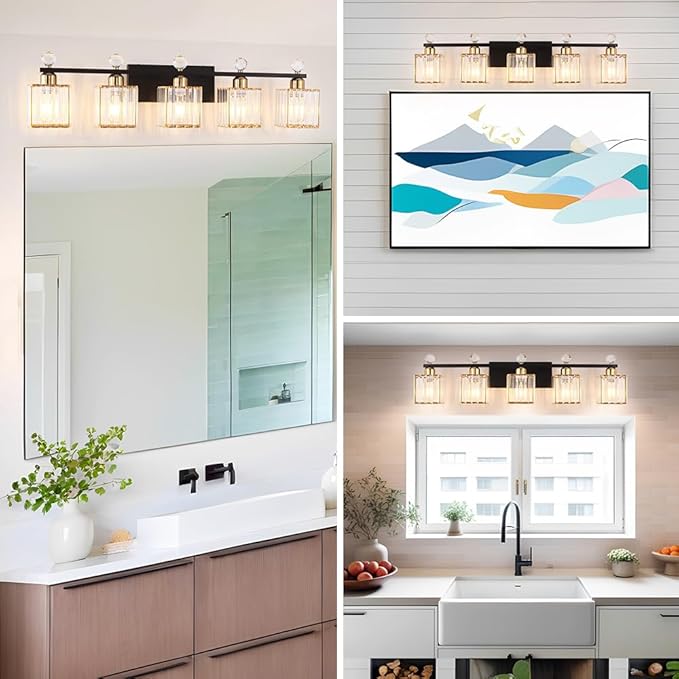 Bathroom Vanity Lights Over Mirror - Easy Installation with Clear Guide, 5-Light Shadow-Free Design, Black and Gold Crystal Finish - for Modern Home Bathroom Lighting Fixtures in DIY Projects