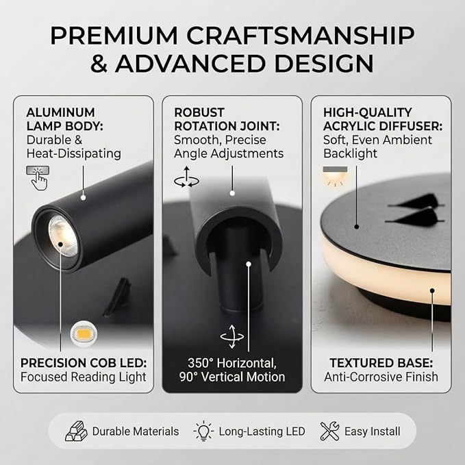 DEC LUCE DECOLUCE LIGHTING Modern Minimalist LED Wall Sconce,Hardwired 2-Light Reading Backlight,Dual Light Control (3W/240lm+6W/480lm), Swing Arm Wall Light Fixtures for Bedroom/Bedside(Black)