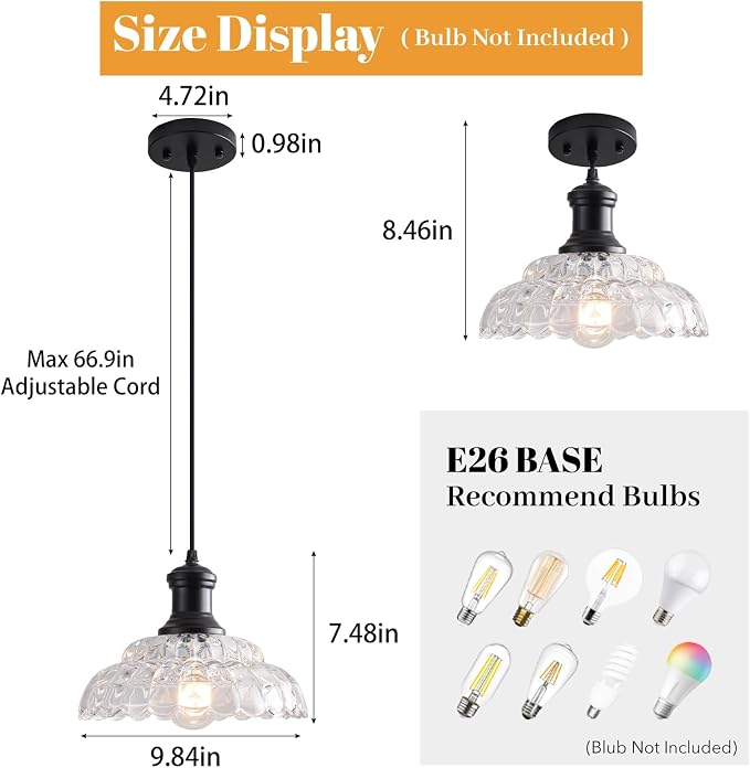 Vintage Pendant Light Kitchen Island, Black Pendant Light Fixture with Flower Clear Glass Shade, Antique Pendant Lamp for Dining Room, Living Room, Bedroom, Kitchen Island Sink