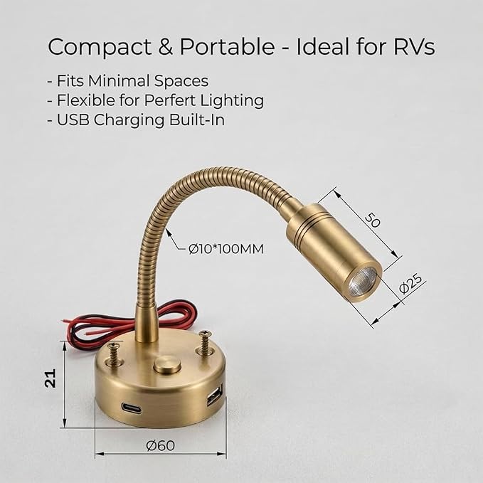 12VDC RV Reading Light with Dual USB Port(USB and USBC), LED Wall Lamp with Switch, for Camper Trailer Boat, Vintage Brass Finish,(2-Pack 3000K Dimming) | USB+Type-c,Dimmable,12v reading lighting