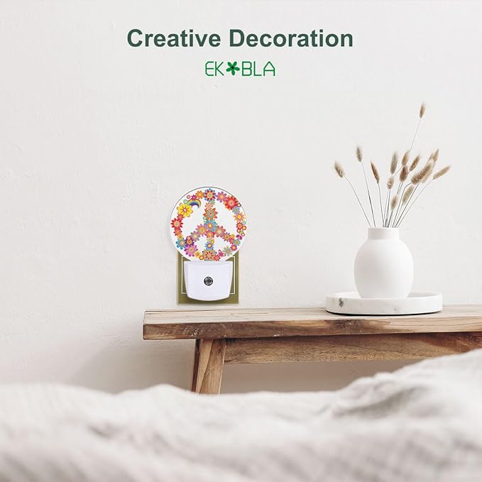 EKOBLA Peace Sign Floral Night Lights Plug into Wall Peace and Love Colorful Flowers LED Dusk to Dawn Plug-in Nightlights Auto Sensor for Home Indoor Bathroom Hallway Kitchen