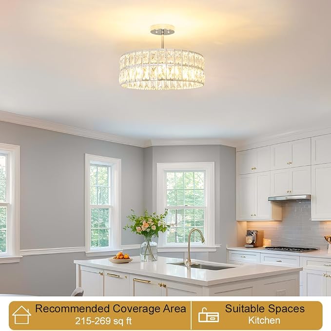 Lxybcce Crystal Ceiling Light Fixture, Modern Chrome Ceiling Light Chandelier, Semi Flush Mount Chandelier Lighting Fixture for Kitchen Entryway Living Room Dining Room, 5-Light, 16 Inch