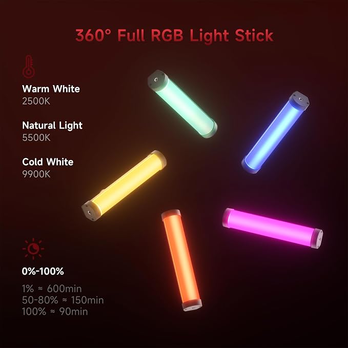 PHOTOOLEX 360°RGB Tube Light, LED Video Light Wand, Magnetic Light Stick | 2500K-9900K/360° Full Color/CRI 96+/2600mAh/Rechargeable/Handheld, Photography Light Bar for TikTok YouTube