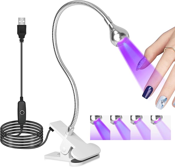 UV Nail Lamp - UV Light for Gel Nails, Flash Cure Lamp | LED Gooseneck Flash Cure Lamp for Nails, Manicure Dryer Black Light with Clamp, 365+395nm 5V 3W 4 Levels Dimming Silver