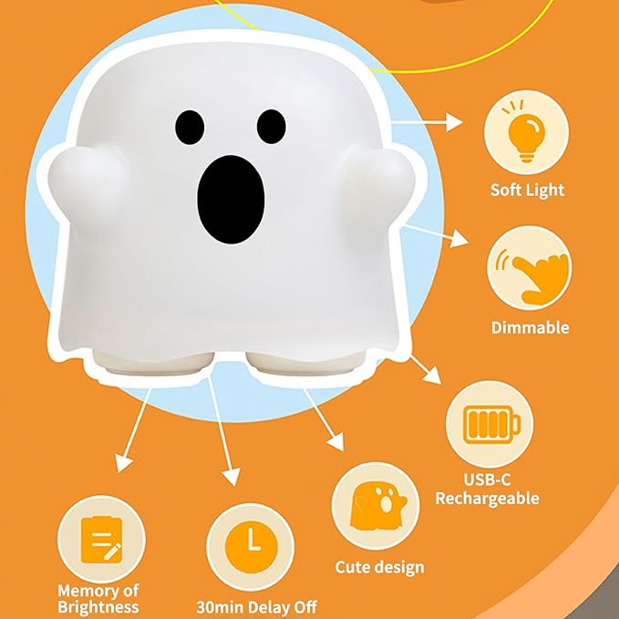 Ghost Night Light, Cute White Night Lamp for Bedroom USB Rechargeable Lamps Adjustable Brightness, Nursery Bedside Delay-Off Nightlight for Birthday Gift Halloween Christmas