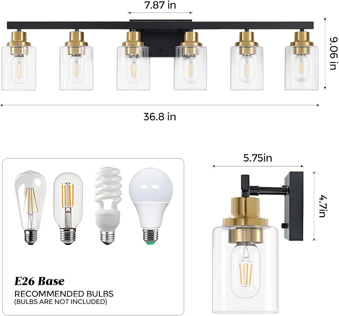 6-Light Vanity Lights Bathroom Light Fixtures,Black and Gold,37" | Modern Bathroom Vanity Light over Mirror with Clear Glass Shade,Farmhous Wall Mounted for Bathroom,E26 Base