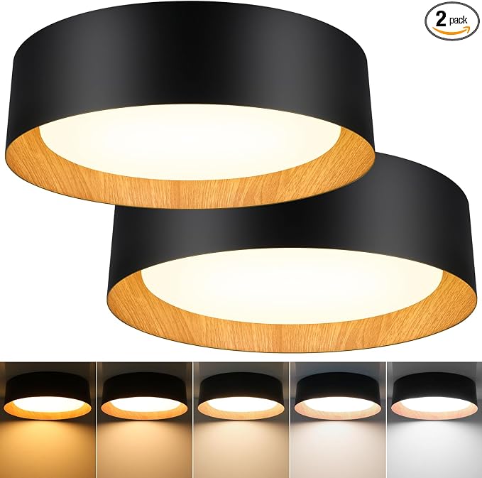 Flush Mount Ceiling Light, 13in Modern Ceiling Light 5 Color Temperature | 25W Bathroom Ceiling Light Fixture, 2600LM Dimmable LED Flush Mount Light for Bedroom, Hallway, Kitchen, Black & Wood, 2-Pack