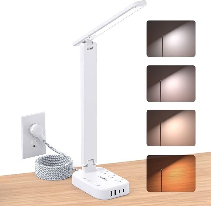 LED Desk Lamp, 10Ft Power Strip with 3 Outlets 4 USB Ports(2 USB C), White | One Beat 4 Modes 5 Level Brightness Touch Lamp, Small Desk Lamp for Home Office College Dorm Essentials, Study Reading Light