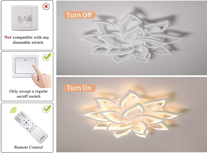 Garwarm 36" Modern LED Low-Profile Flush Mount Ceiling Light, Dimmable | White Acrylic 14-Petal Flower Ceiling Light with Remote, 3000K-6500K, Memory for Large Living Room, Bedroom and Dining Room