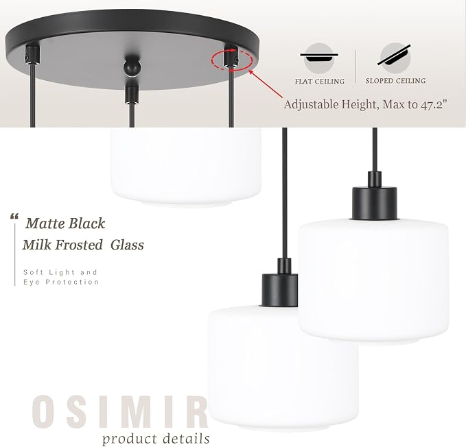 3-Light Pendant Lighting, Black Dining Room Chandelier Light Fixture Over Table with Milk Glass, Modern Cluster Hanging Lights for Kitchen Island Dining Room Sink, OS-YQ8153-3BKW
