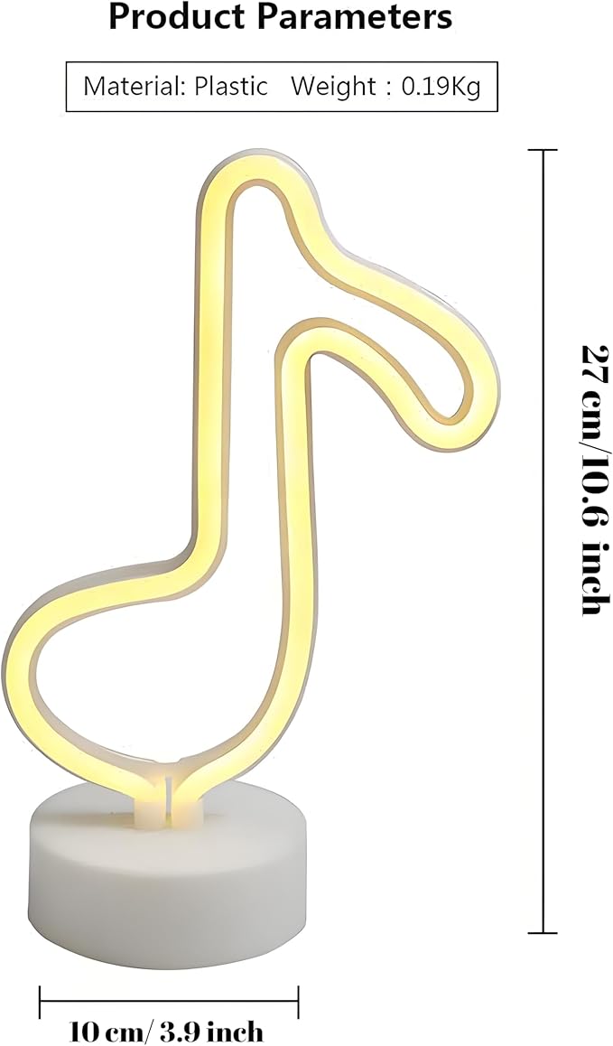 ENUOLI Music Notes Neon Lights with Base Warm White Decor Neon Sign Led Music Notes Night Light Wall Table Decor Battery Operated Creative Lighting Lamp Home Decoration Party Best Gift for Kids
