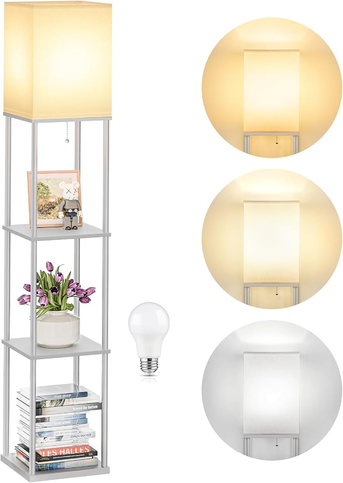 SHINE HAI Floor Lamp with Shelves, 3-Tier Square Modern Shelf Lamp | 3CCT Bright Bulb Included, Tall Standing Lamps for Living Room Bedroom Office