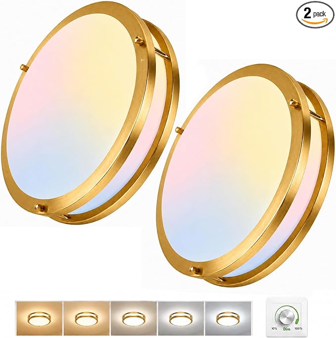 2-Pack 3600lm Super Bright Gold Flush Mount LED Ceiling Light Fixture, 12IN 36W Ceiling Lights with 2700K/3000K/4000K/5000K/6500K 5 Color Temperatures, Round Slim Light Fixture for Bedroom Hallway