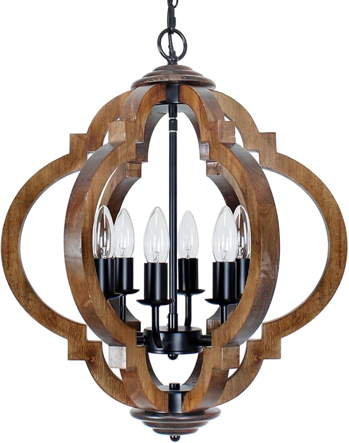 Farmhouse Rustic Wooden Chandelier, 6-Light Farmhouse Hanging Light Fixture with Black Metal & Brown Wood, for Dining Room, Kitchen, Living Room, Entryway, Foyer, Bedroom, Hallway