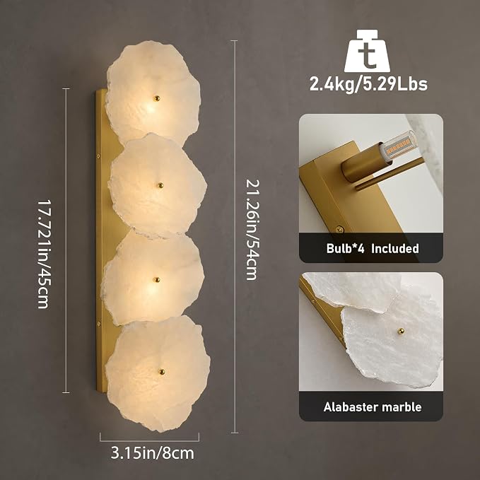 Alabaster Wall Sconce, 4-Light Luxury Spanish Natural Marble Wall Sconce, Brushed Gold Alabaster Sconces, Indoor Bathroom Sconces Wall Light for Foyer, Stairs, Dining Room, Art Deco(1 Pack