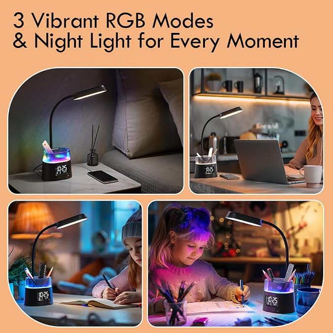WILIT LED Kids Desk Lamp, Dimmable Study Lamp for Home Office Desk Accessories, with Pen Holder & Clock, USB Charging Port, RGB Night Light, Bedroom & College Dorm Room Essentials for Girls - Black