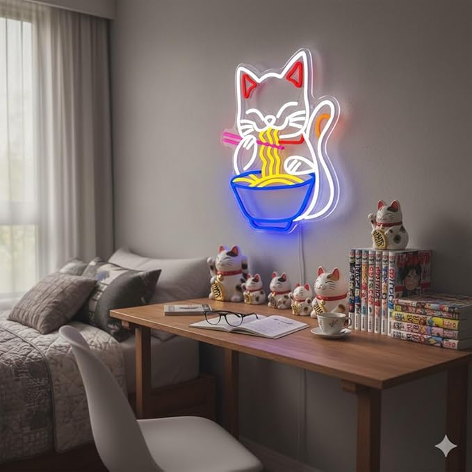 Fortune Cat Ramen Neon Sign, Dimmable Japanese Lucky Cat Noodle LED Neon Sign for Wall Decor, USB Powered for Restaurant Bar Party Bedroom Birthday Gifts(15.7 * 12.7in)