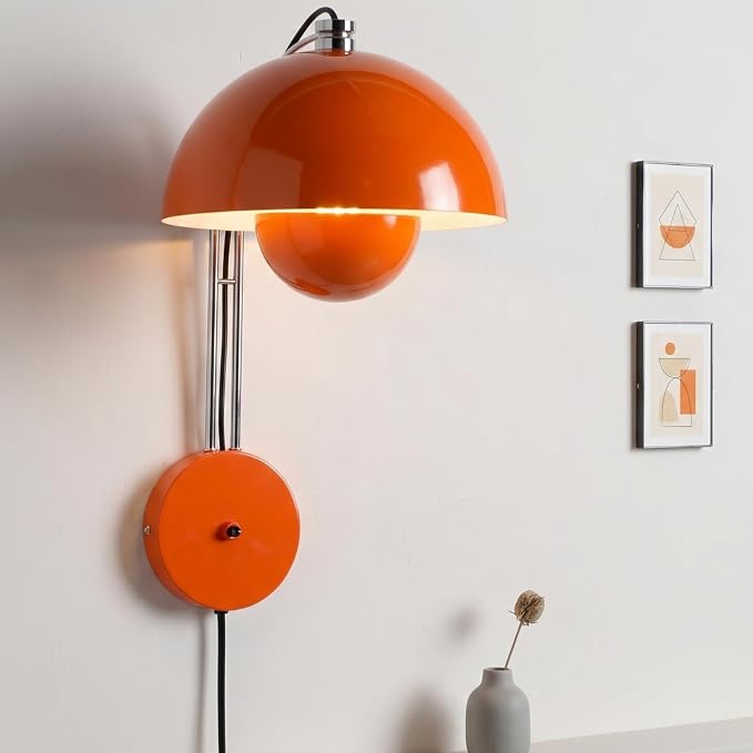 Mid-Century Modern Bud Plug in Wall Sconces for Bedroom, Pastel Orange | Indirect lighting reading wall lamp, all-metal construction, plug-in or hardwired install, fits bedroom bedside, living room