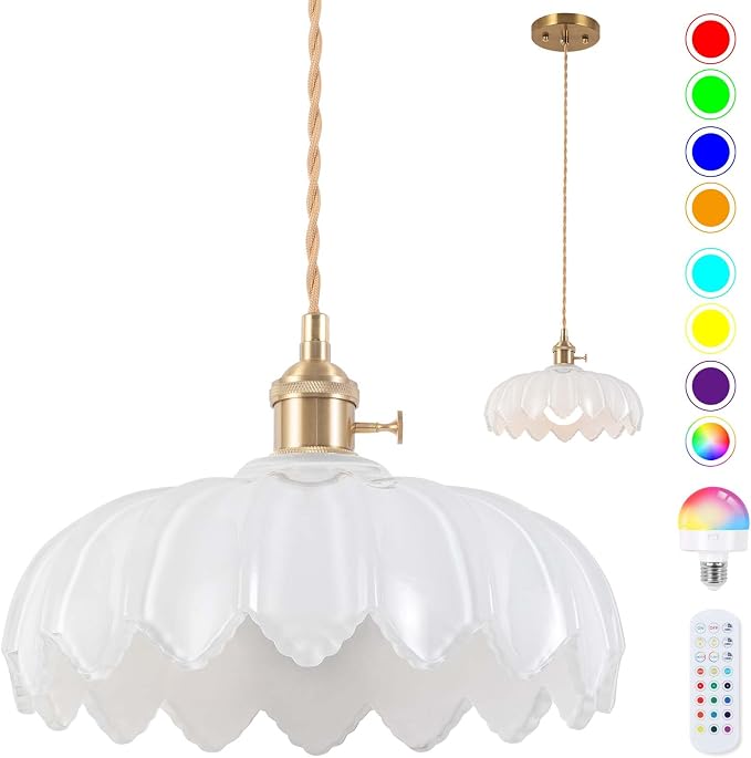 Battery Operated Pendant Light,White Vintage Light Fixtures RGB Rechargeable Light Bulb 2500mAh 9.8in with Remote Control Wireless Adjustable Chandelier for Kitchen Island Hallway 1 Light