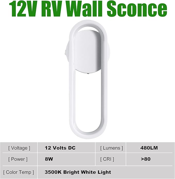 12V LED RV Vanity Sconce with Switch - 9W 480LM Decorative Bedside Reading Light for RV, Motorhome, Camper, Trailer, Boat & Tiny Home - 3500K Warm White
