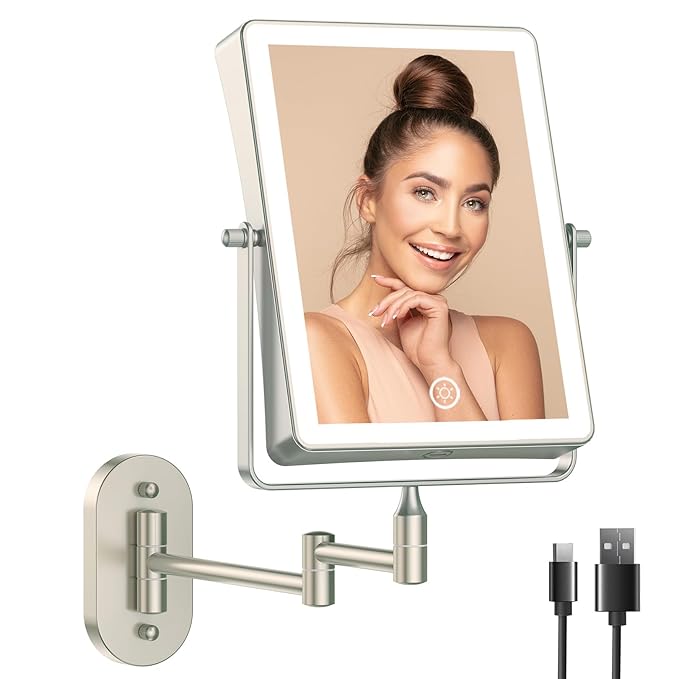 FASCINATE Rechargeable Wall Mounted Makeup Mirror with Lights, Bathroom Mirror Rectangle 8.7" Double Sided Touch Switch 1X 10X Magnifying Mirror with 3 Color Setting Extended Arm 360° Swivel Foldable